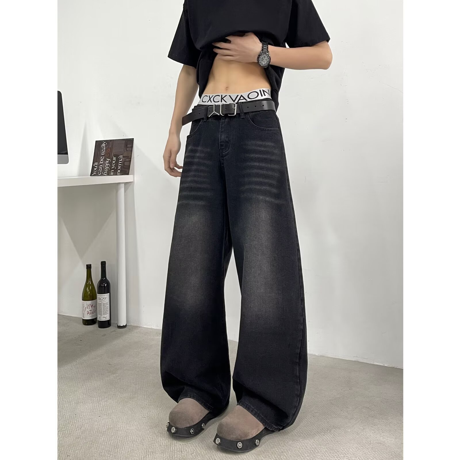 Men's American Vintage Black Saber-Cut Jeans – High Street Drop-Crotch Wide Leg Pants (S-3XL, Heavyweight Washed Denim)_mkmklike.com