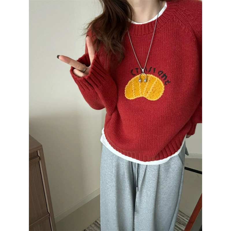 Милый вязаный свитер с рисунком из мультфильма, круглый воротник, размер oversize.