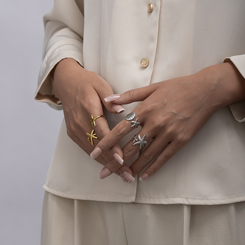 Anillo de conchas de estrellas de mar abierto de acero inoxidable en Europa y América, joyería de acero de titanio, anillos de metal