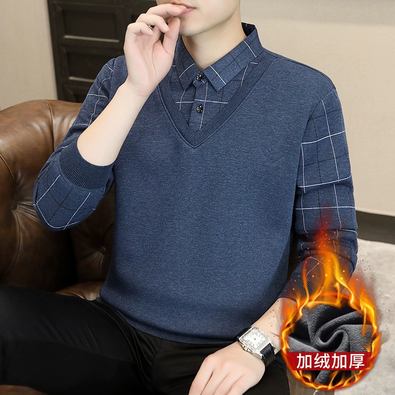 Плюшевый поддельный вязаный свитер из двух частей мужской зимний новый корейский стиль