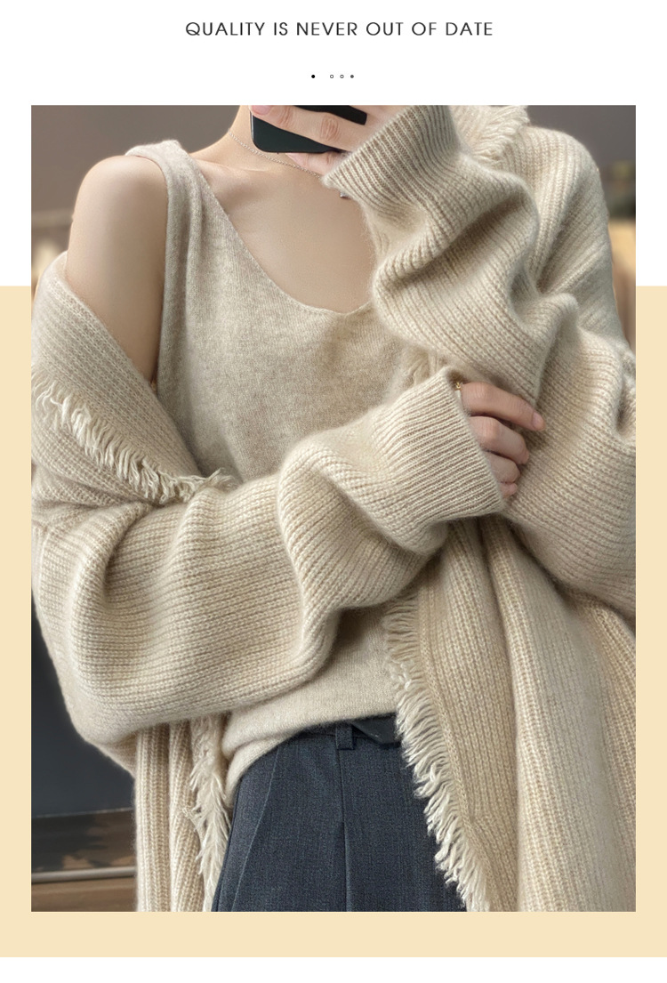 Damenbekleidung Western-Stil mittellange Strickjacke für Damen 2024 Herbst neuer fauler lockerer großer Schalpullovermantel_voghion.com