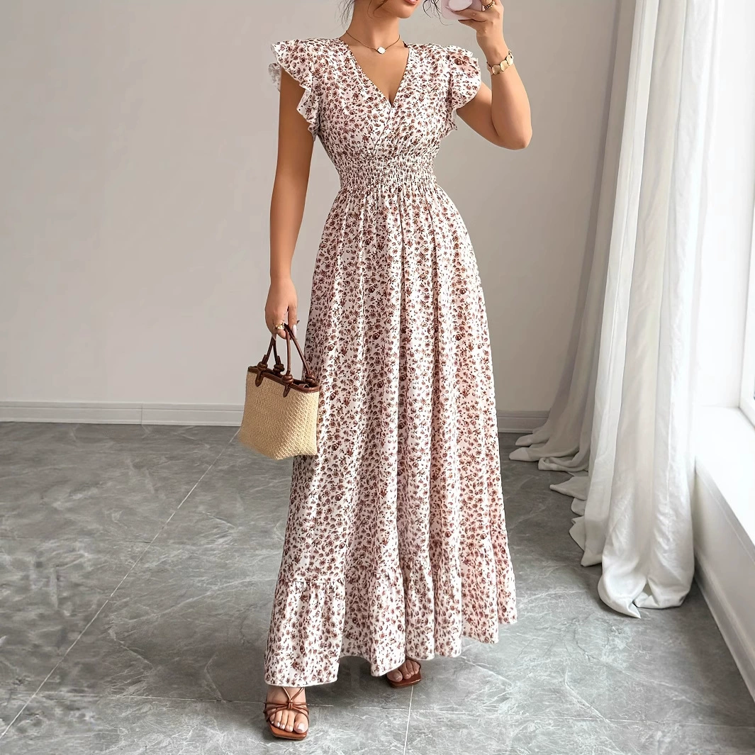 2025 Весна/Лето Европейская и американская мода V-образный вырез, подчеркивающее талию длинное платье, высокая талия, короткий рукав, цветочное платье, элегантный принт