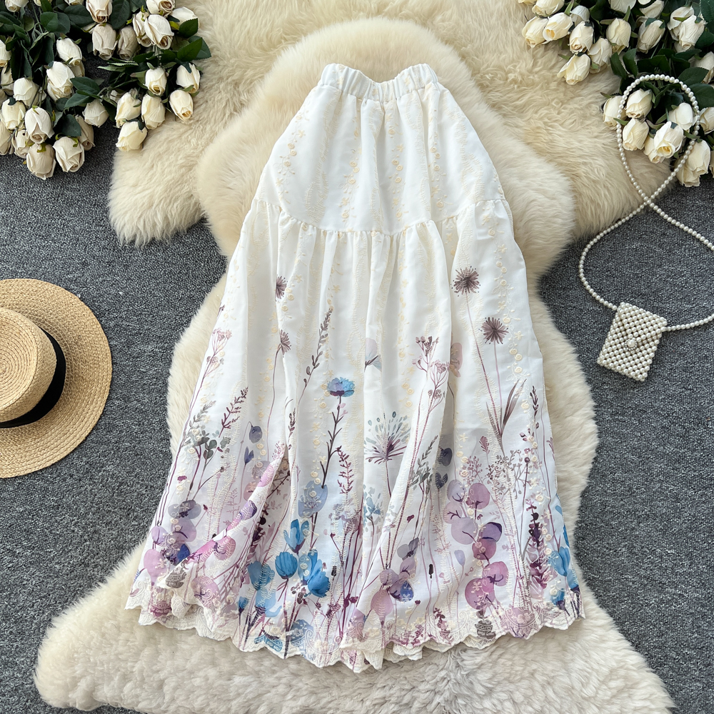 Women's French Sweet Style Floral Print Patchwork A-Line Midi Skirt High Waist Slimming mid Length Summer Fairy like Cake Skirt_ecoleips.com