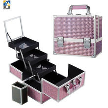 Venta caliente transfronteriza patrón de diamante ABS portátil de aleación de aluminio caja de cosméticos con bandeja espejo esmalte de uñas caja de almacenamiento de gran capacidad