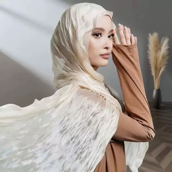Foreign Trade Spring and Summer Shiny Elastic Crinkled Sheer Scarf Long Scarf Solid Color Breathable Ruffled Edge Soft Head Wrap Scarf Silk Scarf
