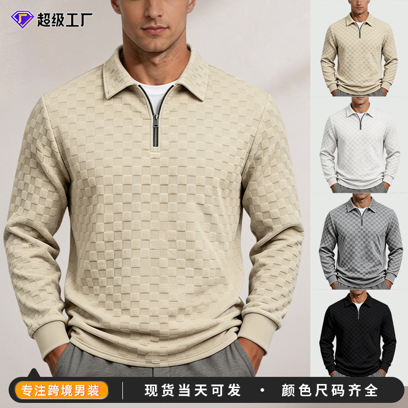 European and American men's sweatshirt for autumn and winter, zippered checkered jacquard pullover top, heavy weight, loose fit, casual polo shirt with a turn-down collar European and American men's sweatshirt for autumn and winter, zippered checkered jacquard pullover top, heavy weight, loose fit, casual polo shirt with a turn-down collar