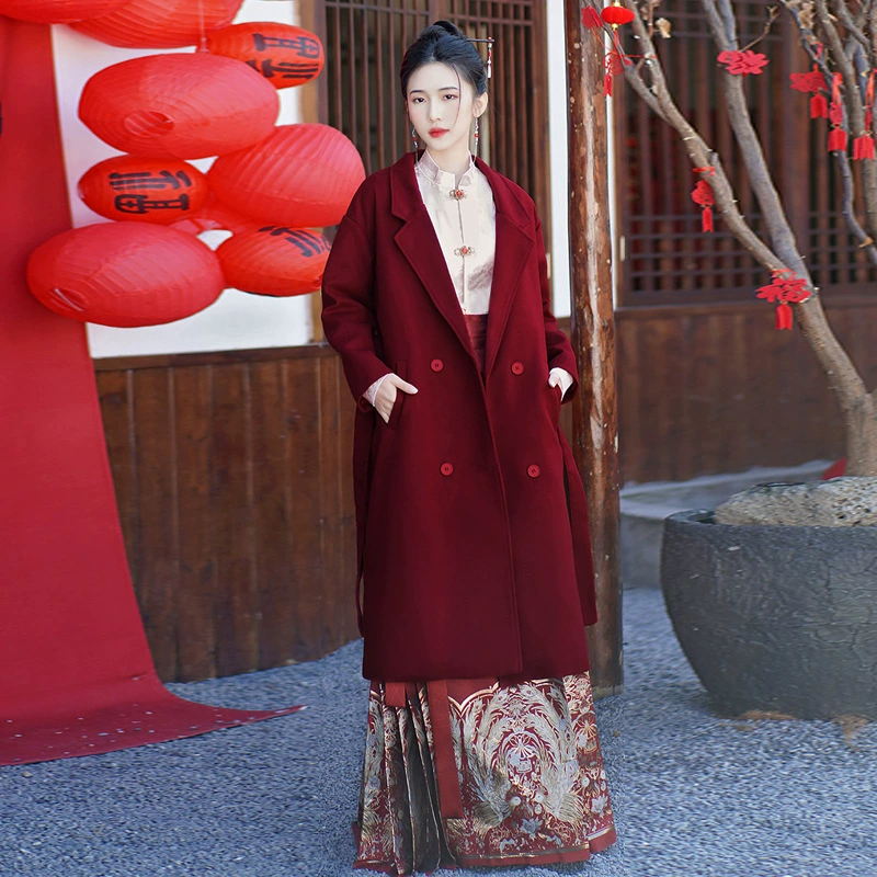 Новое винно-красное пальто женское свадебное шерстяное двусторонне шерстяное чувство невесты шерстяное пальто национальный стиль