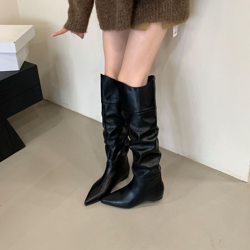 内增高绒面褶皱堆堆靴女2025秋冬新款尖头西部牛仔靴翻领高筒靴女|undefined