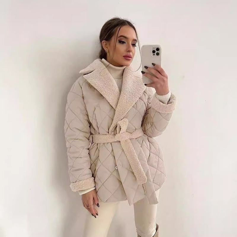 Lapel short cotton-padded jacket 2024 Amazon cross-border European and American women's fashion Joker design waist lace-up coat women