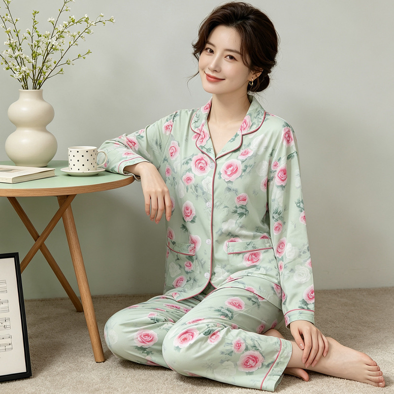 High-end floral Chinese-style loose-fitting plus-size imitation cotton pajamas for middle-aged mothers, long-sleeved two-piece home wear, wholesale High-end floral Chinese-style loose-fitting plus-size imitation cotton pajamas for middle-aged mothers, long-sleeved two-piece home wear, wholesale