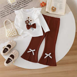 ins 风新款女宝宝白色荷叶边上衣+棕色开叉喇叭裤女童可爱套装