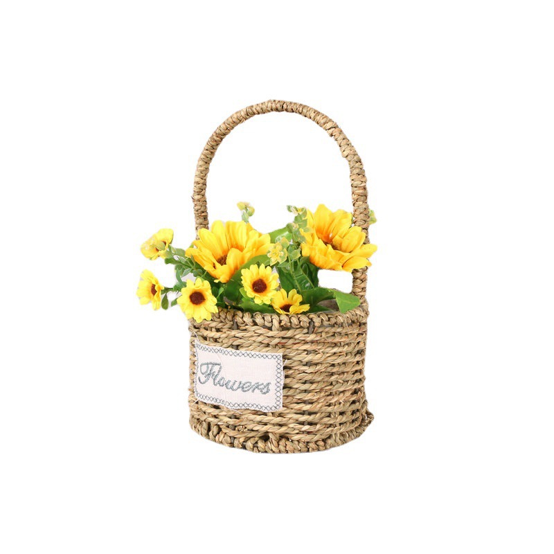 Cesta de Flores Tejida a Mano de Hierba Natural, Decorativa, para Arreglos Florales y Fiestas