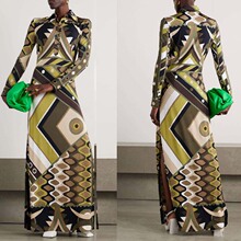 跨境外贸独立站亚马逊2024新款秋冬印花定位翻领长袖开叉连衣裙女