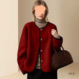 汉服女神范红色小香风毛呢外套女冬季2026年新款圆领气质呢子上衣