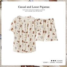 睡衣女夏季短袖短裤泡泡棉可爱卡通韩版凉感套装宽松开衫家居服