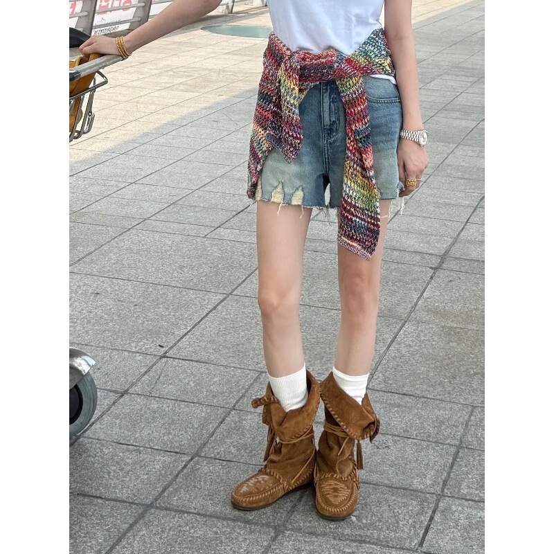 牛皮~内增高靴子复古流苏绑带西部靴女真皮显瘦靴筒可翻折堆堆靴|undefined