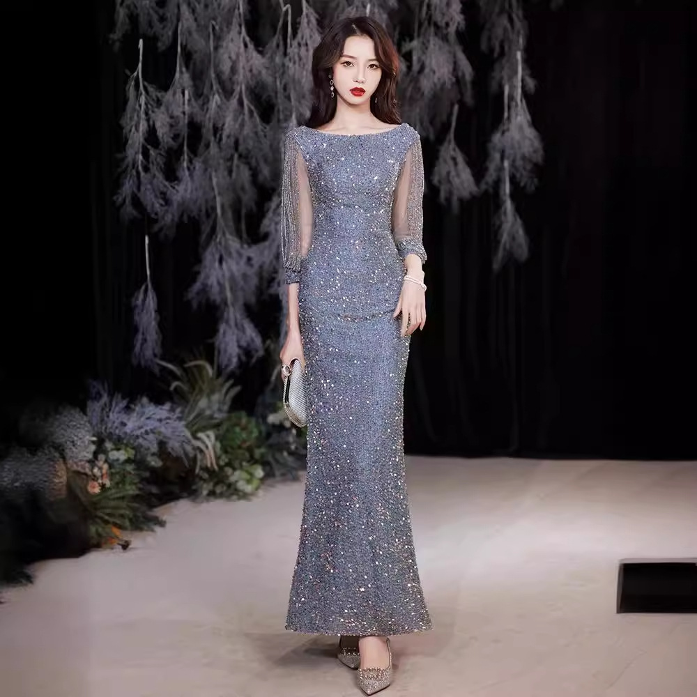 Sequin Evening Dress for Women 2025 New Style Banquet Student Art Exam Fishtail Host Dress Adult Ceremony Host Dress Spring