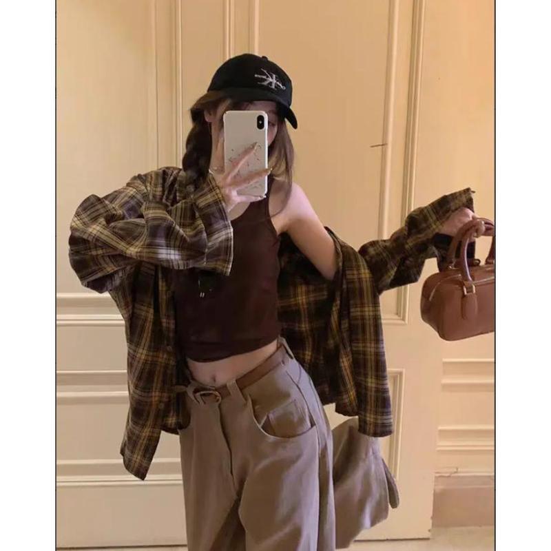 春季格子衬衫女韩版慵懒时尚宽松显瘦百搭开衫休闲外套女装粉色|undefined