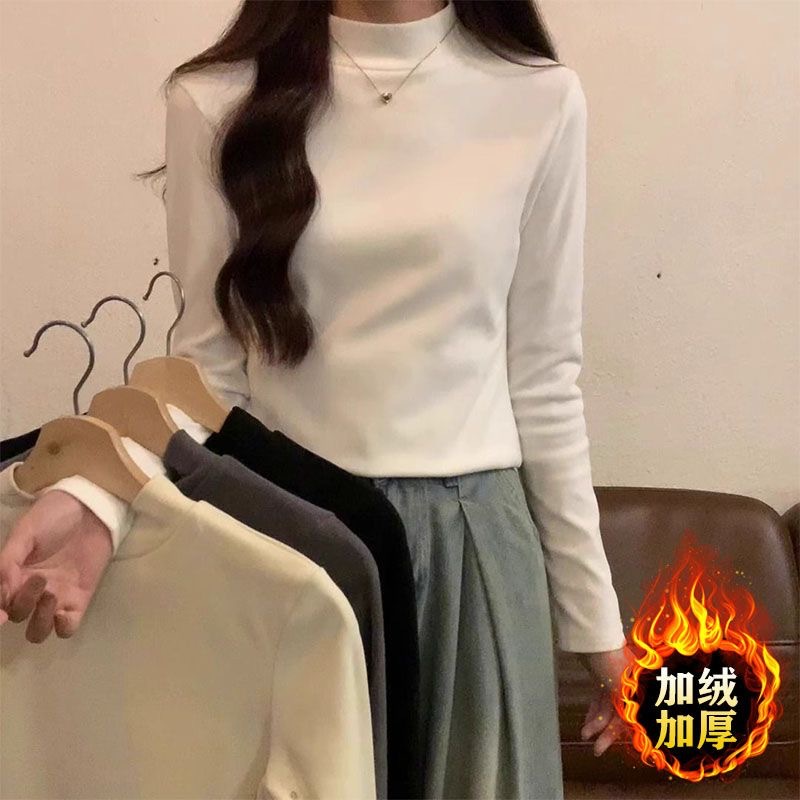 2026 camiseta de base de terciopelo de cuello medio alto para mujeres otoño y invierno nuevo estilo coreano de ropa exterior con camiseta de manga larga de terciopelo de doble cara gruesa image 1