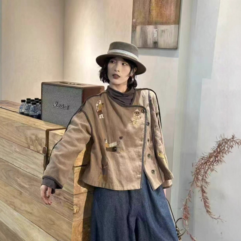2025秋韩版宽松复古时尚亚麻刺绣斜襟开衫外套百搭个性上衣女1775|undefined