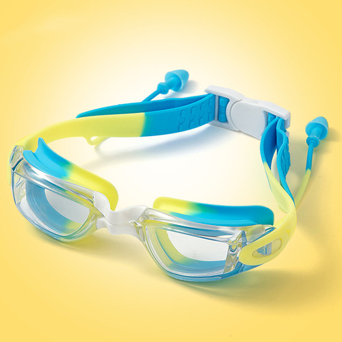 Professional children's swimming goggles for boys and girls waterproof and anti-fog HD earplugs one-piece large and small frame swimming and diving glasses wholesale