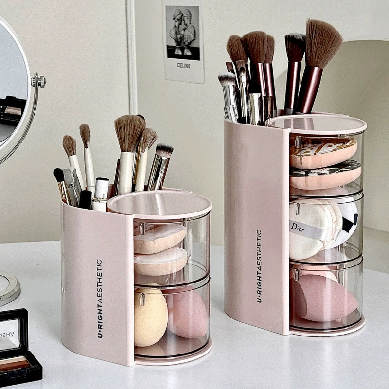 Cosmetic Storage Box, 3-Tier Sponge Organizer with Brush Holder, compact makeup system