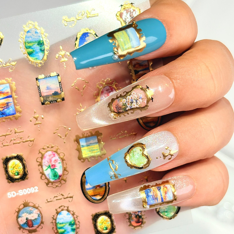 Cross-border 5D Embossed Oil Painting Nail Art Stickers Vintage Gold-Edged Photo Frame Monet Landscape Floral Nail Stickers DIY