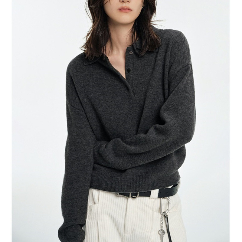 Wool M * iu Stacked Wear Retro Joker Polo Lapel high quality Knitted Sweater K1113