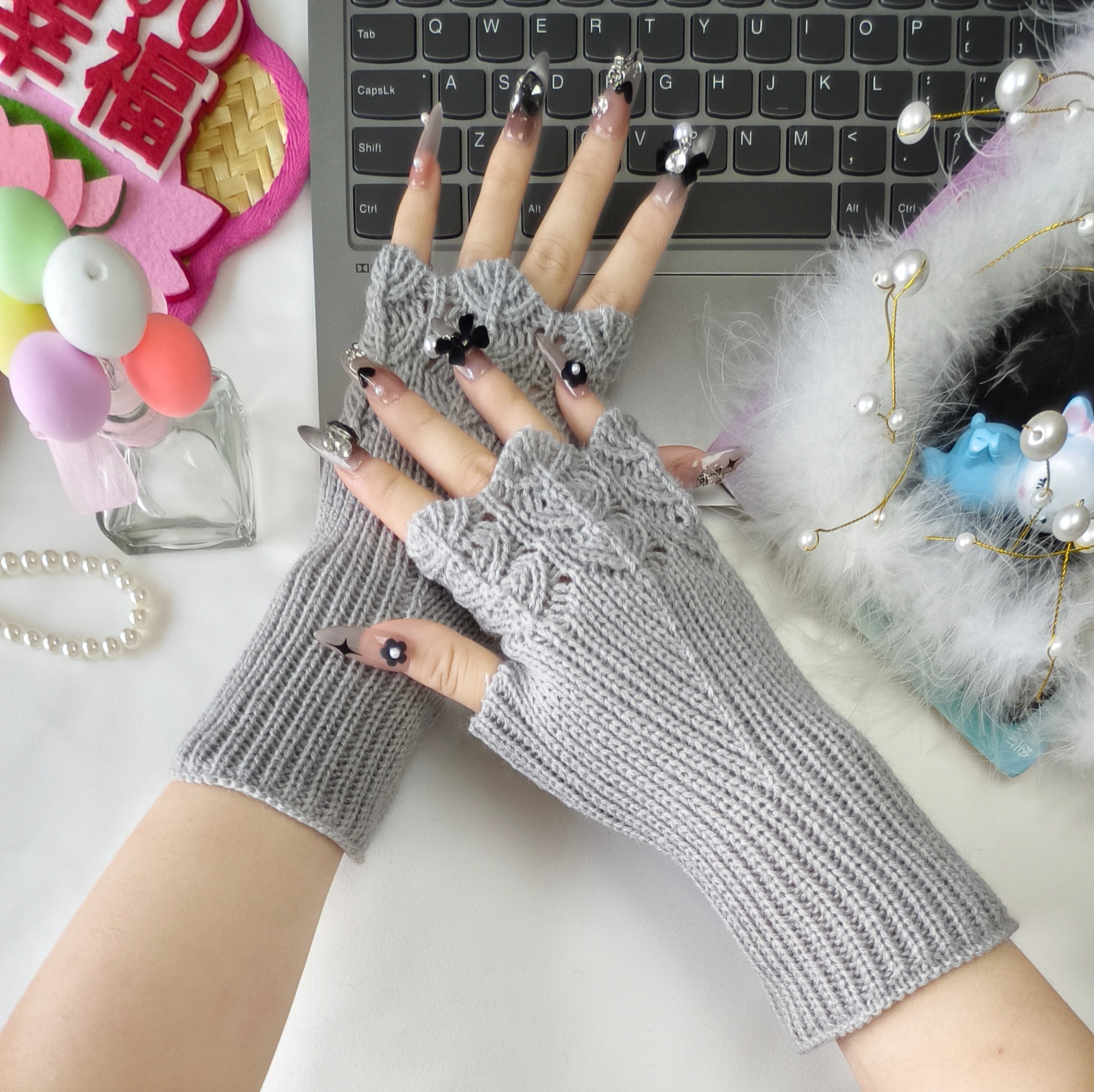 时尚半指手套针织品毛线漏指袖套短款学院风男女生保暖护腕护袖