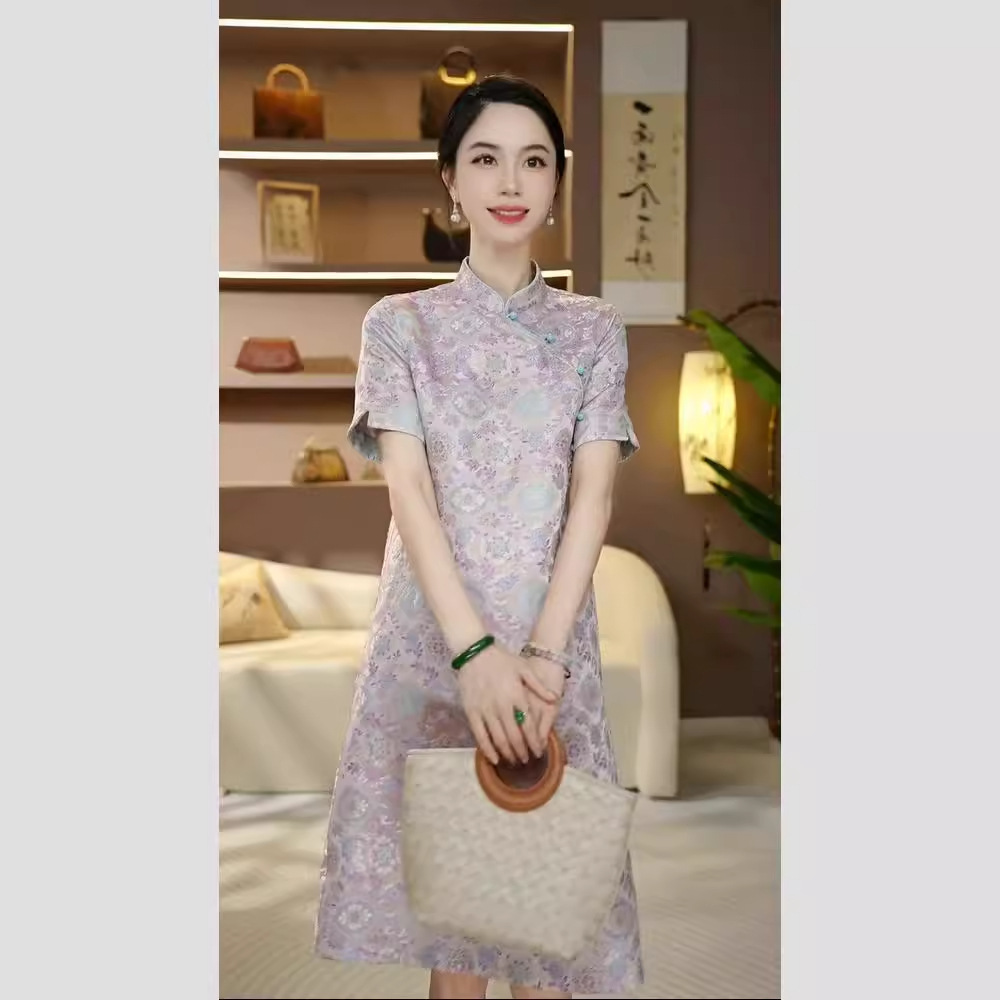 Đầm maxi nữ thắt eo phong cách Trung Quốc mới, chất liệu Song thổ cao cấp, tay ngắn, cổ cao, dáng suông nhẹ — Màu tím