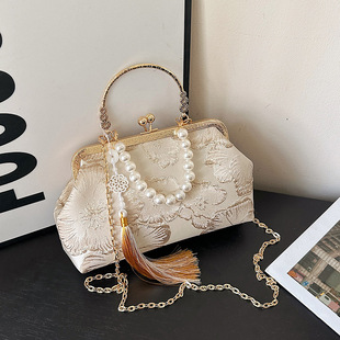 New Chinese Style Cheongsam Bag, Feminine and Elegant Evening Bag 2025 Satchel Gold Bag, Pearl Chain Shoulder Bag for Women