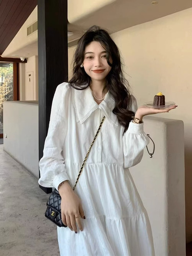 White Gentle Breeze Babydoll Neck Long-Sleeve Dress for Women, Spring and Autumn French Style, Elegant and Slimming Fairy Dress