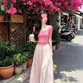 夏新款韩系甜美温柔风粉色短袖上衣搭配垂感阔腿裤两件套装涤纶
