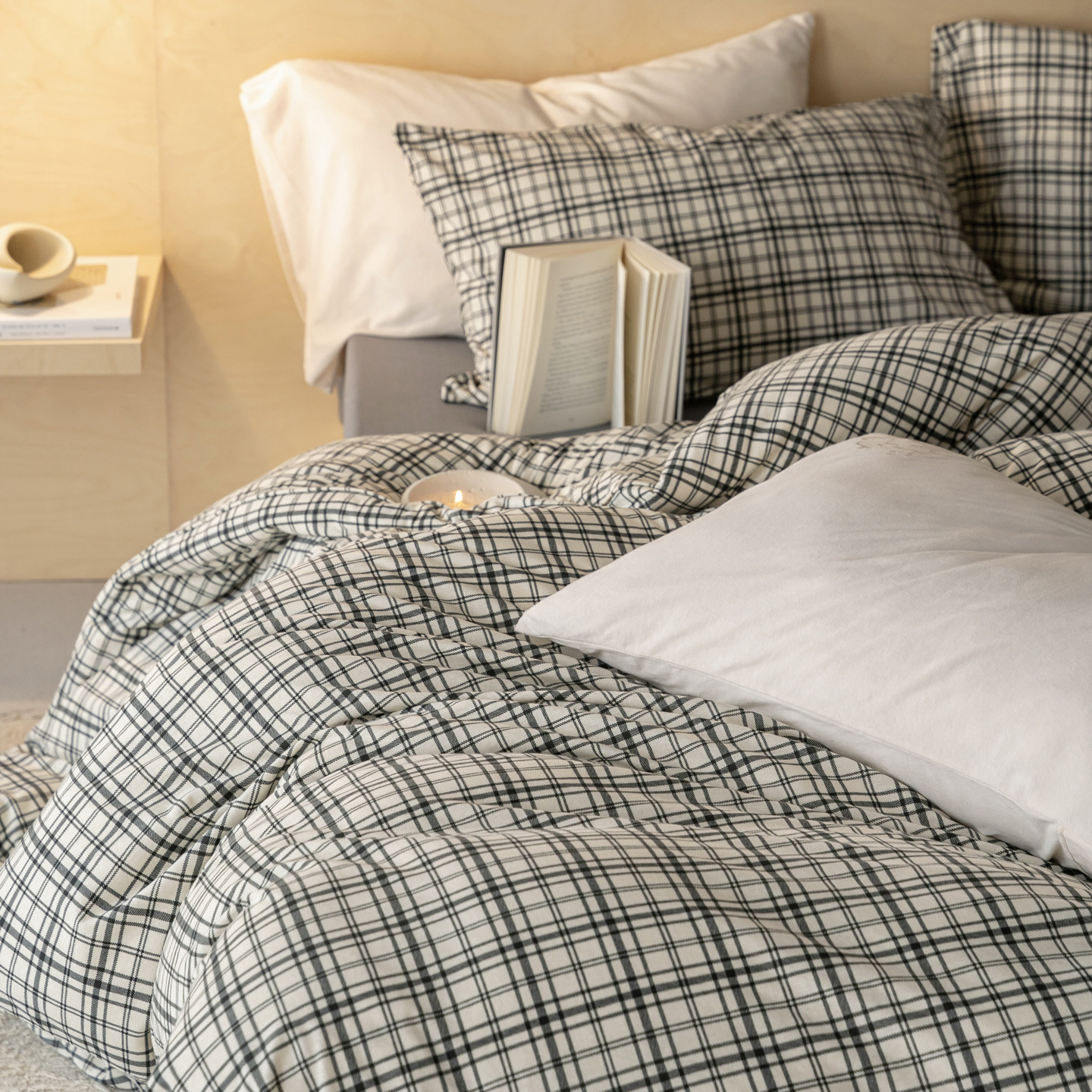Pure Cotton Jersey Bed Linen Set With Plaid Print Four Piece_voghion.com