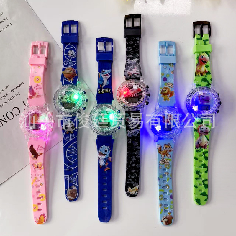 Cross-border dinosaur and shark-themed light-up and music watches, children's stress-relieving toys, exquisite gifts, wholesale for export, and prizes for Children's Day