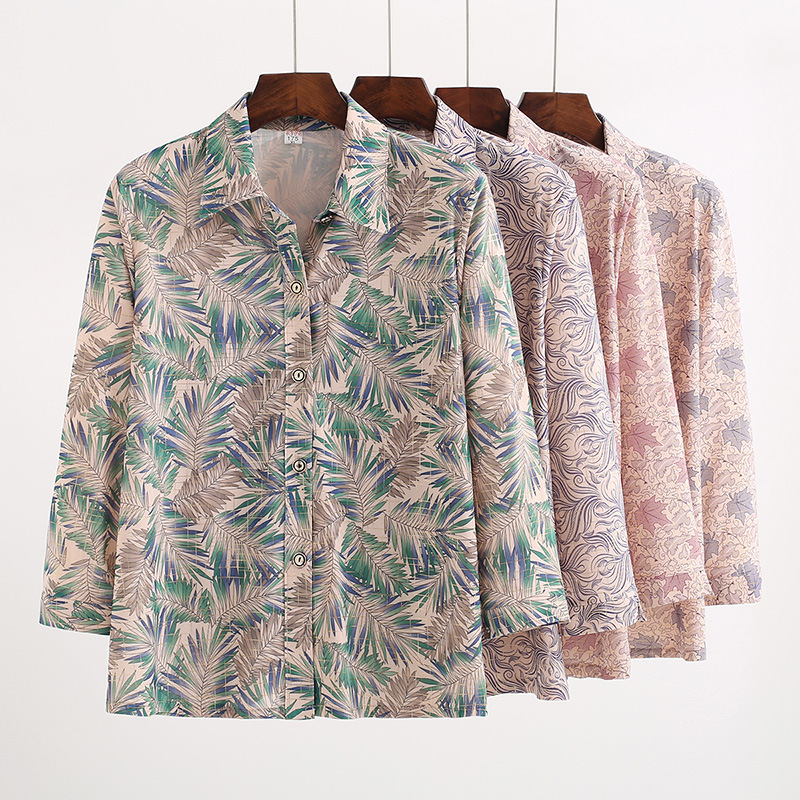 中老年人夏季衬衫女薄款妈妈夏装两件套老太太宽松七分袖奶奶上衣