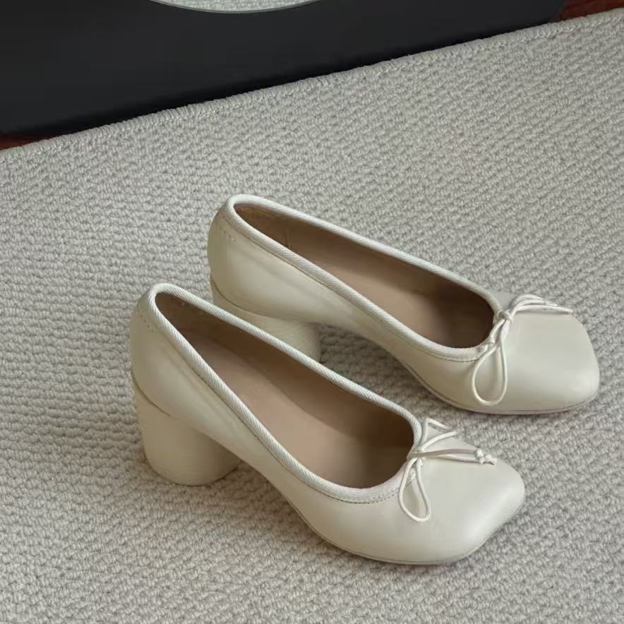 Mm6 Same Style Apple Head Shallow Mouth Flats 2025 Spring & Fall New Ballet Mary Jane Round Heel High Heels Women's Thick Heels