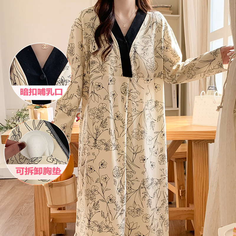 가슴 패드와 모유 수유 잠옷 여름 임산부 잠옷 문옷 봄과 가을 모조 면 산후 배달실 원피스