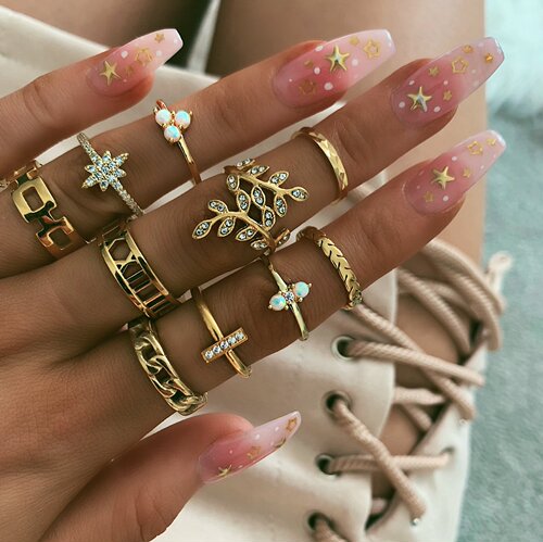 XP17 Foreign trade cross-border retro popular ring set Bomisian fashion Ring geometric metal diamond set for women
