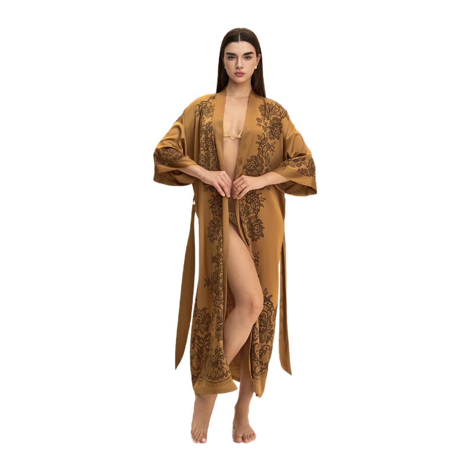 Moda transfronteriza nueva impresión floral satin chiffon camisa kimono damas cuello bata elegante ropa WP3978