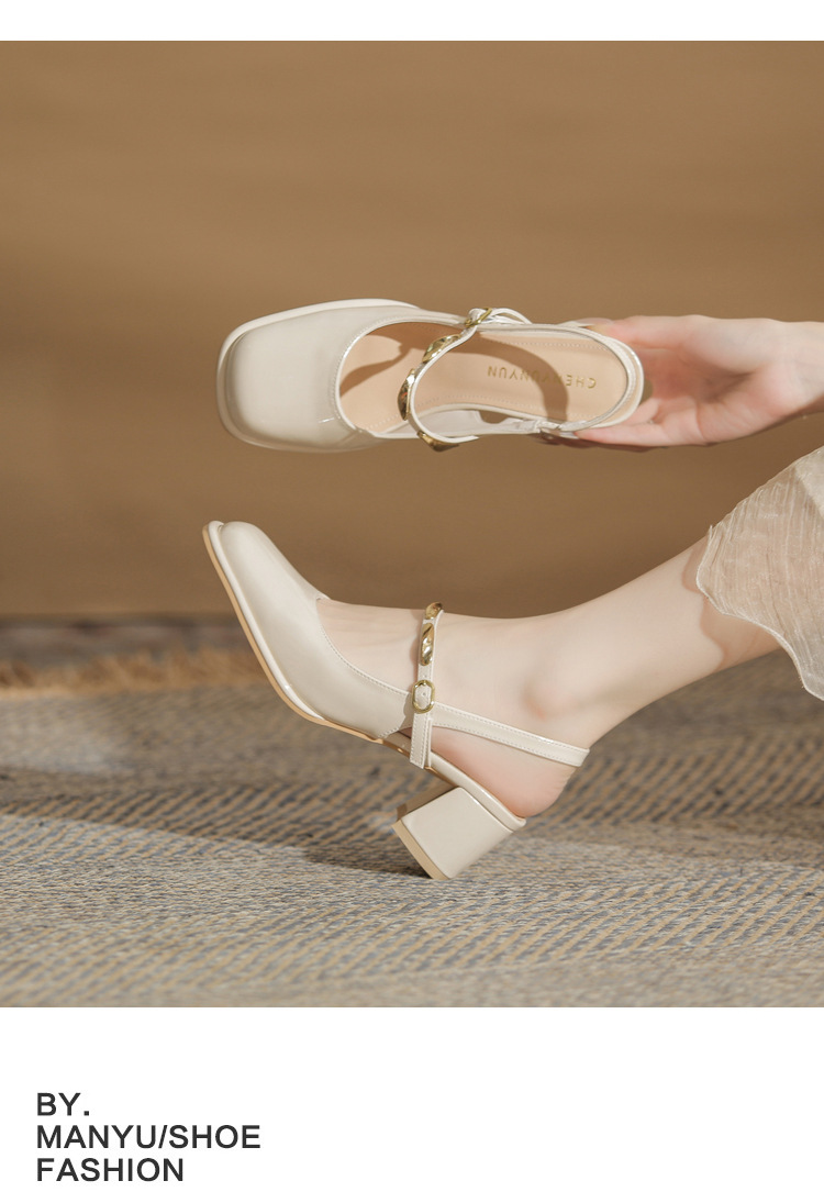 Sandal cao gót nữ hở mũi mũi vuông gót thô 9 cm — màu đen chi tiết 10