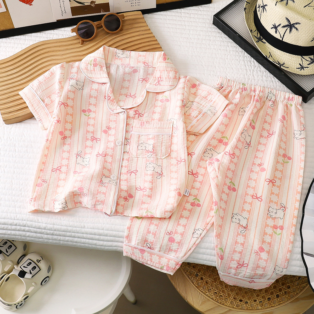 Traje de pijama para niños verano nuevo estilo niñas pantalones finos de manga corta ropa de aire acondicionado para bebés ropa de hogar para niños