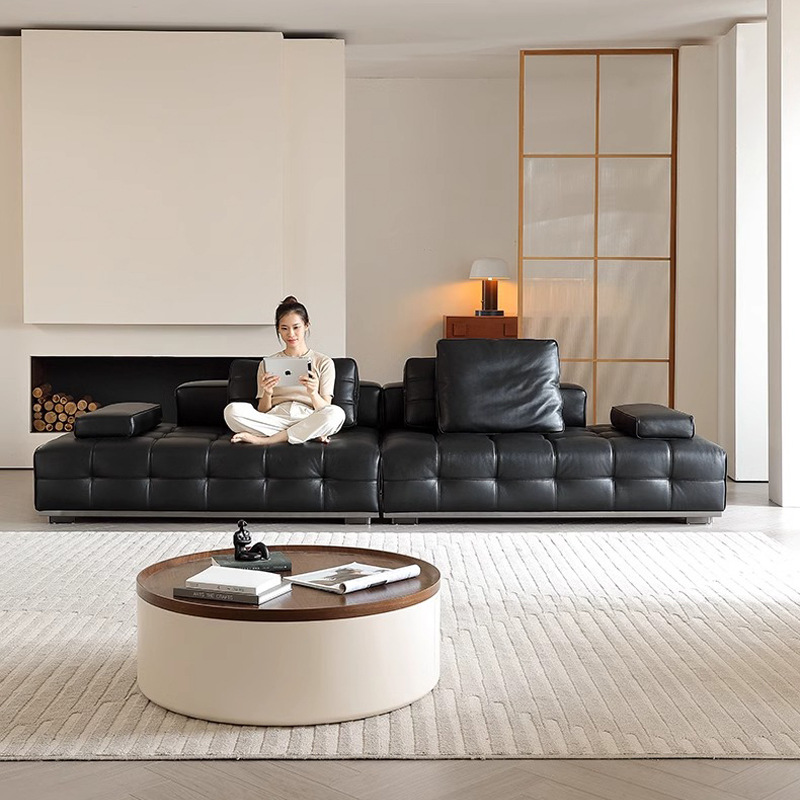 Lawrence sofá de cuero, sala de estar, sofá de línea alta, sofá de cuero minimalista italiano, negro