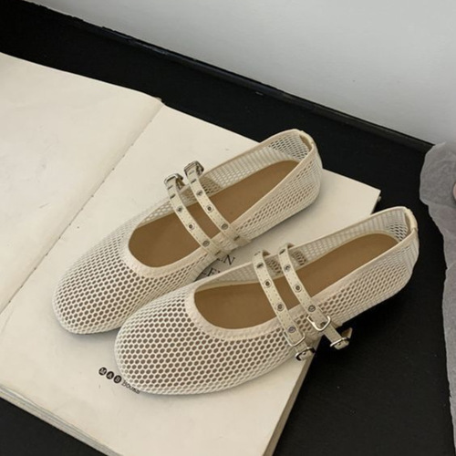Hollow mesh face sandals for women, 2025 spring new cool one-strap round head flat shallow Mary Jane single shoes