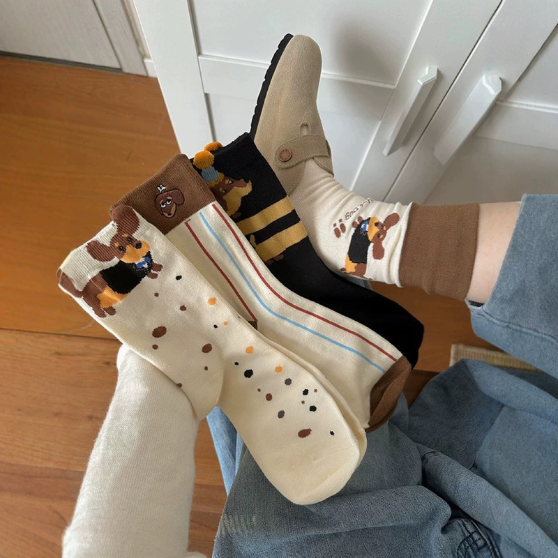 Girl's Cute Weenie Puppy Socks Women's Mid-length Socks Spring and Autumn New Pure Cotton Japanese Style Cartoon Personalized Pile Stockings