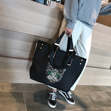 韩版新款大容量潮男潮女行李袋时尚亮片猫头旅行包单肩斜挎包