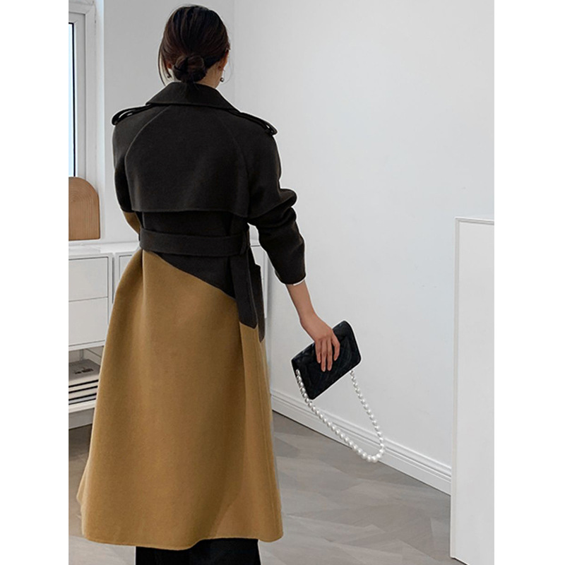 Women's Contrast Stitching Mid-length Woolen Coat Jacket Image 1