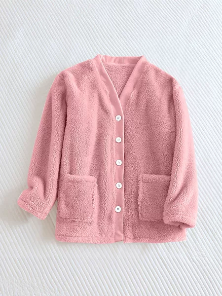 2025 Amazon Independent Site European and American Cross-Border New V Neck Flap Pocket Pants Button Long-Sleeved Arctic Plush Home Clothes