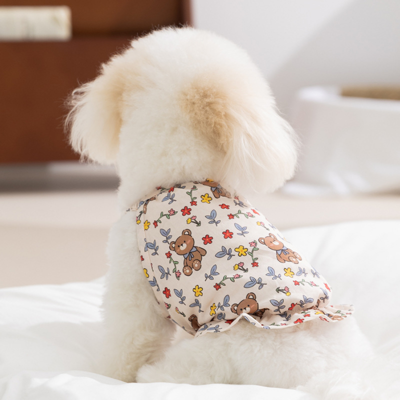 Perro de primavera y verano lindo oso estampado completo falda de calabaza colgante floral vestido de gato ropa de perro de peluche