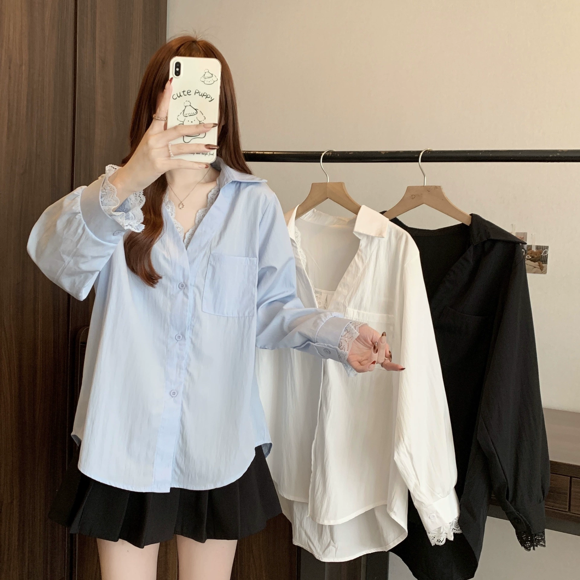 Большой размер женская одежда 2025 весна новая мода кружево однобортная рубашка с длинными рукавами белый черный